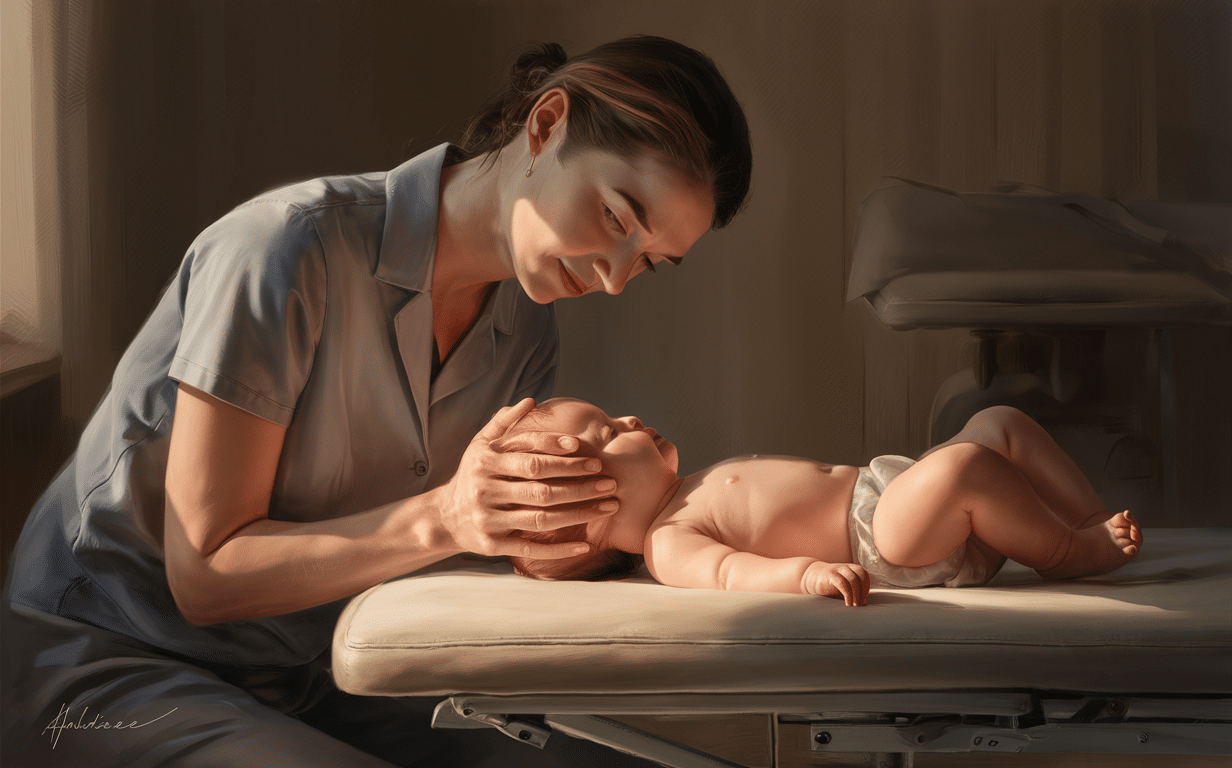 Mother providing gentle craniosacral therapy to newborn baby A mother gently holds and provides craniosacral therapy to her newborn baby, promoting relaxation and well-being through gentle touch and therapeutic techniques.