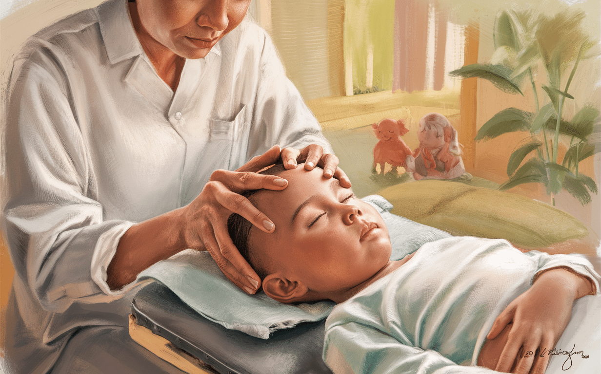 Mother providing gentle craniosacral therapy to her infant A mother carefully administers craniosacral therapy, a gentle hands-on technique, to her newborn baby lying on a massage table, illustrating pediatric chiropractic care