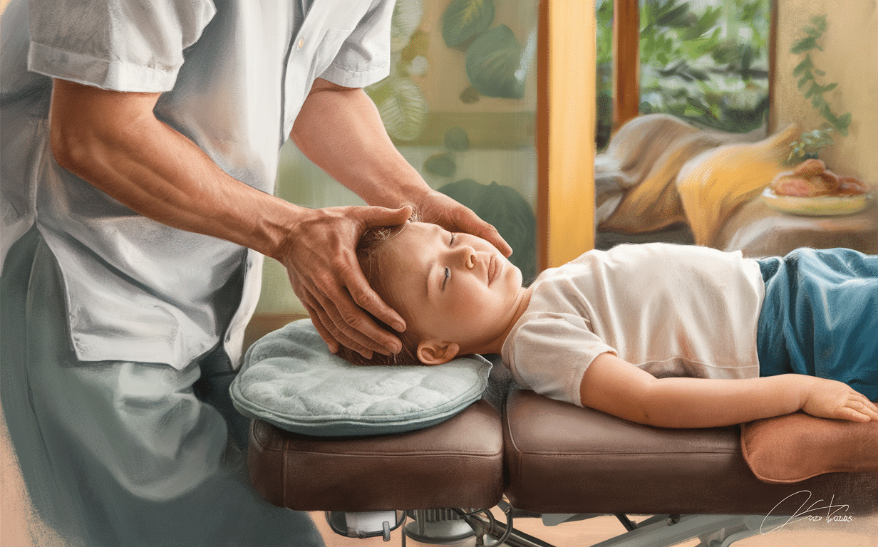 Pediatric Craniosacral Therapy Session A chiropractor gently holds a child's head while providing craniosacral therapy, with the child resting on a massage table in a serene setting