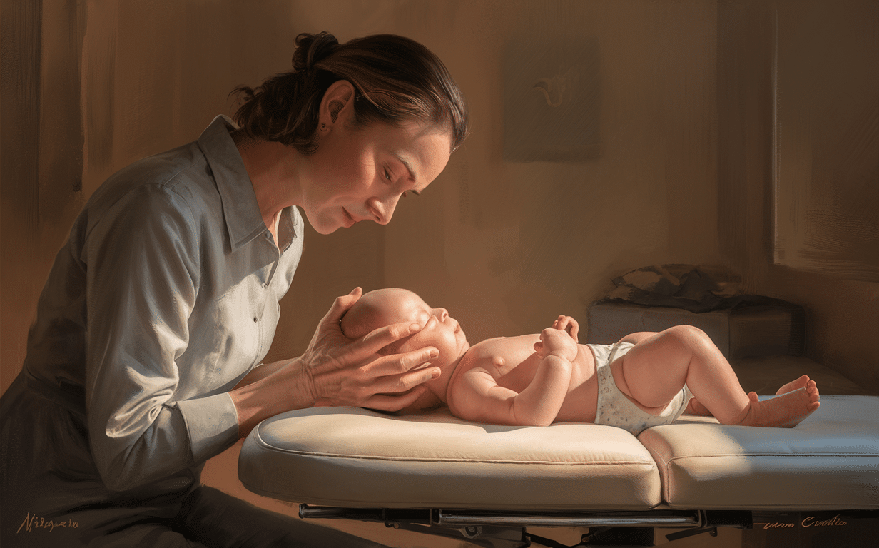 Craniosacral Therapy Session for Infant A practitioner gently holds an infant's head during a craniosacral therapy session, providing gentle manual adjustments to promote proper cranial and nervous system function.