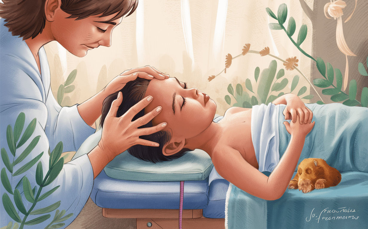 Craniosacral Therapy Session for a Child A practitioner performing gentle craniosacral therapy on a child lying on a treatment table, surrounded by calming nature illustrations