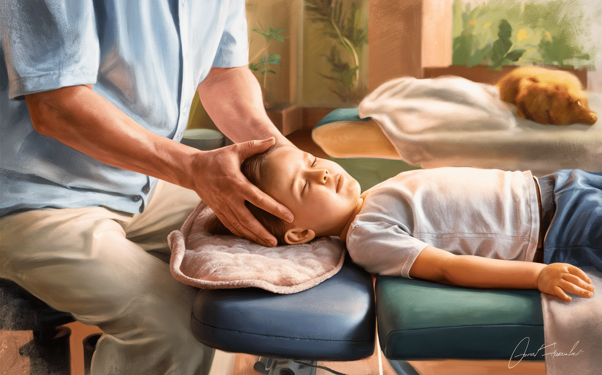 Pediatric Craniosacral Therapy Session A chiropractor performing gentle craniosacral therapy on a young child lying on a massage table, with a pet dog resting nearby in a calming treatment room setting.