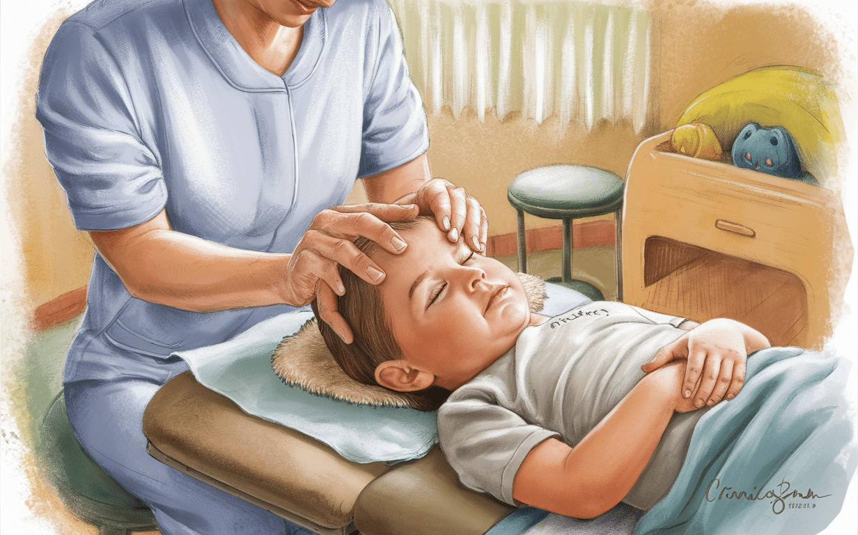 Pediatric Craniosacral Therapy Session A chiropractor performing gentle craniosacral therapy on a young child lying on a treatment table, with a stuffed animal visible in the background.