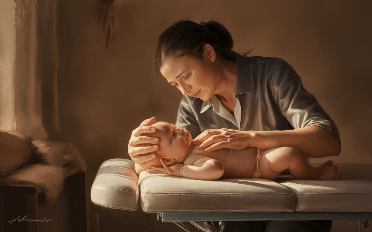 Gentle Pediatric Chiropractic Care A healthcare professional gently providing craniosacral therapy to an infant on a treatment table, illustrating compassionate pediatric chiropractic care