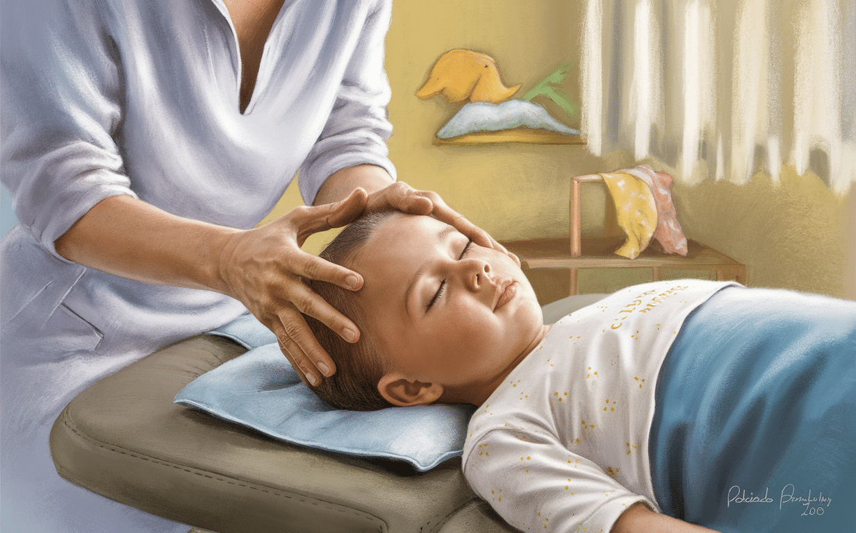 Pediatric Craniosacral Therapy Session A chiropractor performing craniosacral therapy on a young child lying on a massage table, with decorative items like a stuffed animal and tissue box in the background