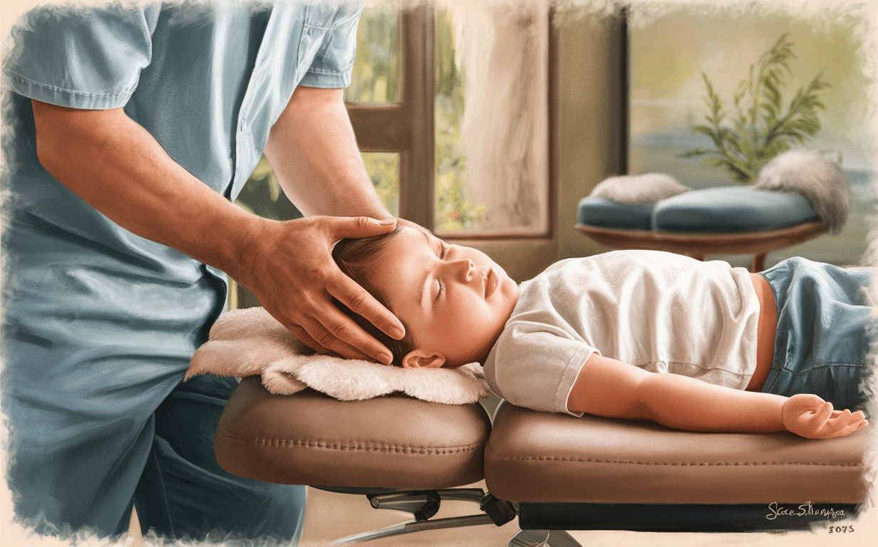 Pediatric Chiropractic Care: Gentle Craniosacral Therapy A collage of images showing a pediatric chiropractor providing gentle craniosacral therapy to children of different ages, promoting natural healing and well-being.