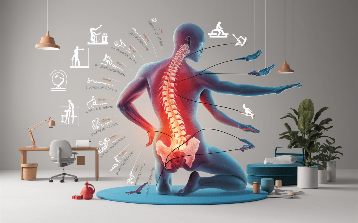 Lifestyle Factors Affecting Spinal Health An illustration depicting various lifestyle factors that impact spinal health, including diet, exercise, and sedentary behavior, surrounding a central figure showing the human spine and skeletal structure.