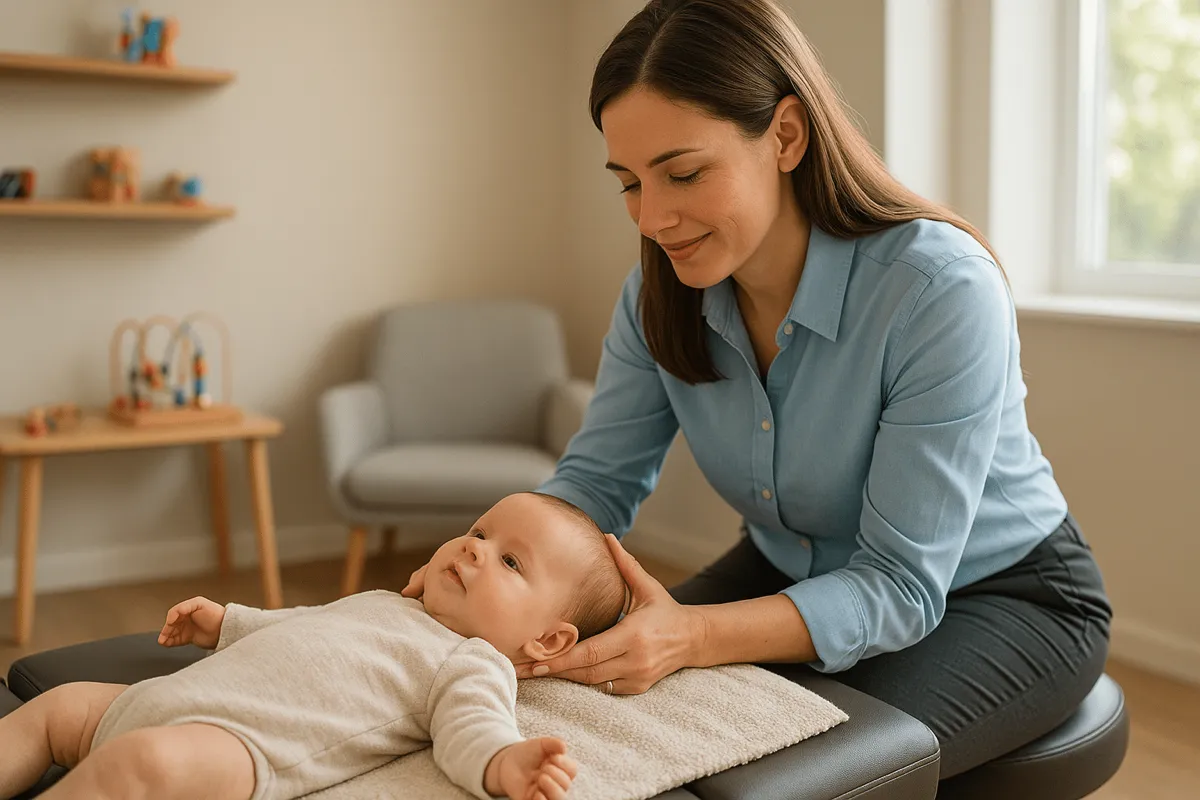 Chiropractor gently adjusting a pediatric patient at Neu Life Chiropractic in Tomball, TX